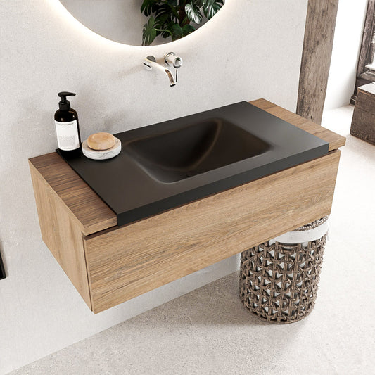 MONDIAZ BUKLA 100cm badmeubel onderkast kleur Washed Oak met 1 lade. Wastafel CLOUD midden 0 kraangaten kleur Urban.