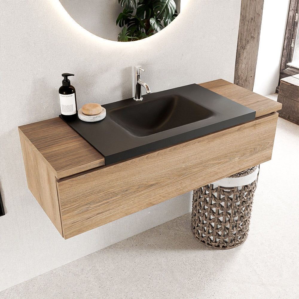 MONDIAZ BUKLA 120cm badmeubel onderkast kleur Washed Oak met 1 lade. Wastafel CLOUD midden 1 kraangat kleur Urban.