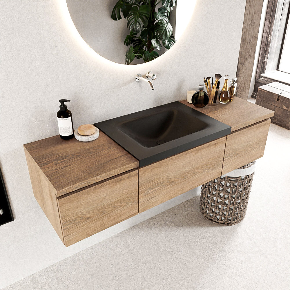 MONDIAZ BUKLA 140cm badmeubel met module 40 kleur Washed Oak met 3 lades. Wastafel CLOUD midden 0 kraangaten kleur Urban.