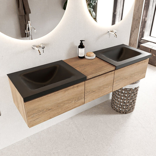 MONDIAZ BUKLA 160cm badmeubel met module 40 kleur Washed Oak met 3 lades. Wastafel CLOUD dubbel 0 kraangaten kleur Urban.