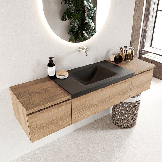 MONDIAZ BUKLA 160cm badmeubel met module 40 kleur Washed Oak met 3 lades. Wastafel CLOUD midden 0 kraangaten kleur Urban.