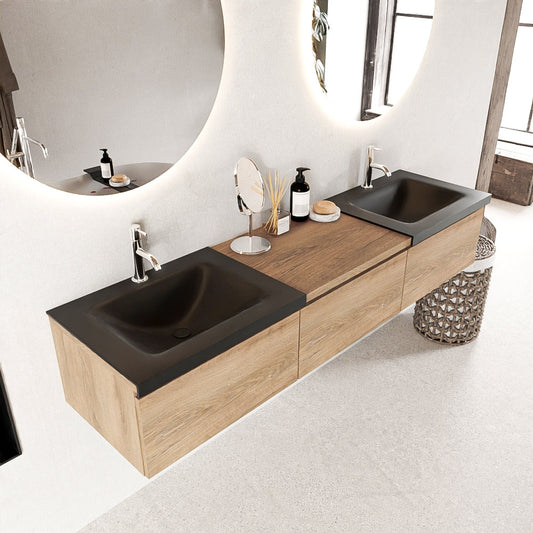 MONDIAZ BUKLA 180cm badmeubel met module 60 kleur Washed Oak met 3 lades. Wastafel CLOUD dubbel 2 kraangaten kleur Urban.