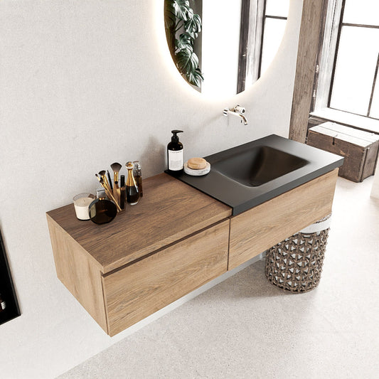 MONDIAZ BUKLA 140cm badmeubel met module 60 kleur Washed Oak met 2 lades. Wastafel CLOUD rechts 0 kraangaten kleur Urban.