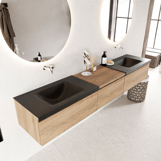 MONDIAZ BUKLA 220cm badmeubel met module 60 kleur Washed Oak met 3 lades. Wastafel CLOUD dubbel 0 kraangaten kleur Urban.