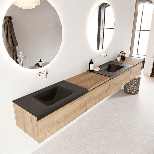 MONDIAZ BUKLA 280cm badmeubel met module 60 links kleur Washed Oak met 4 lades. Wastafel CLOUD dubbel 0 kraangaten kleur Urban.